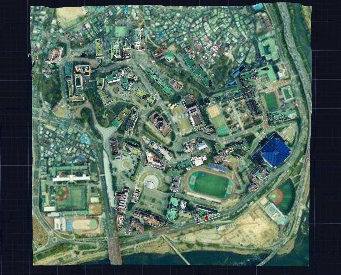 Top-down view of the textured campus twin with continuous terrain