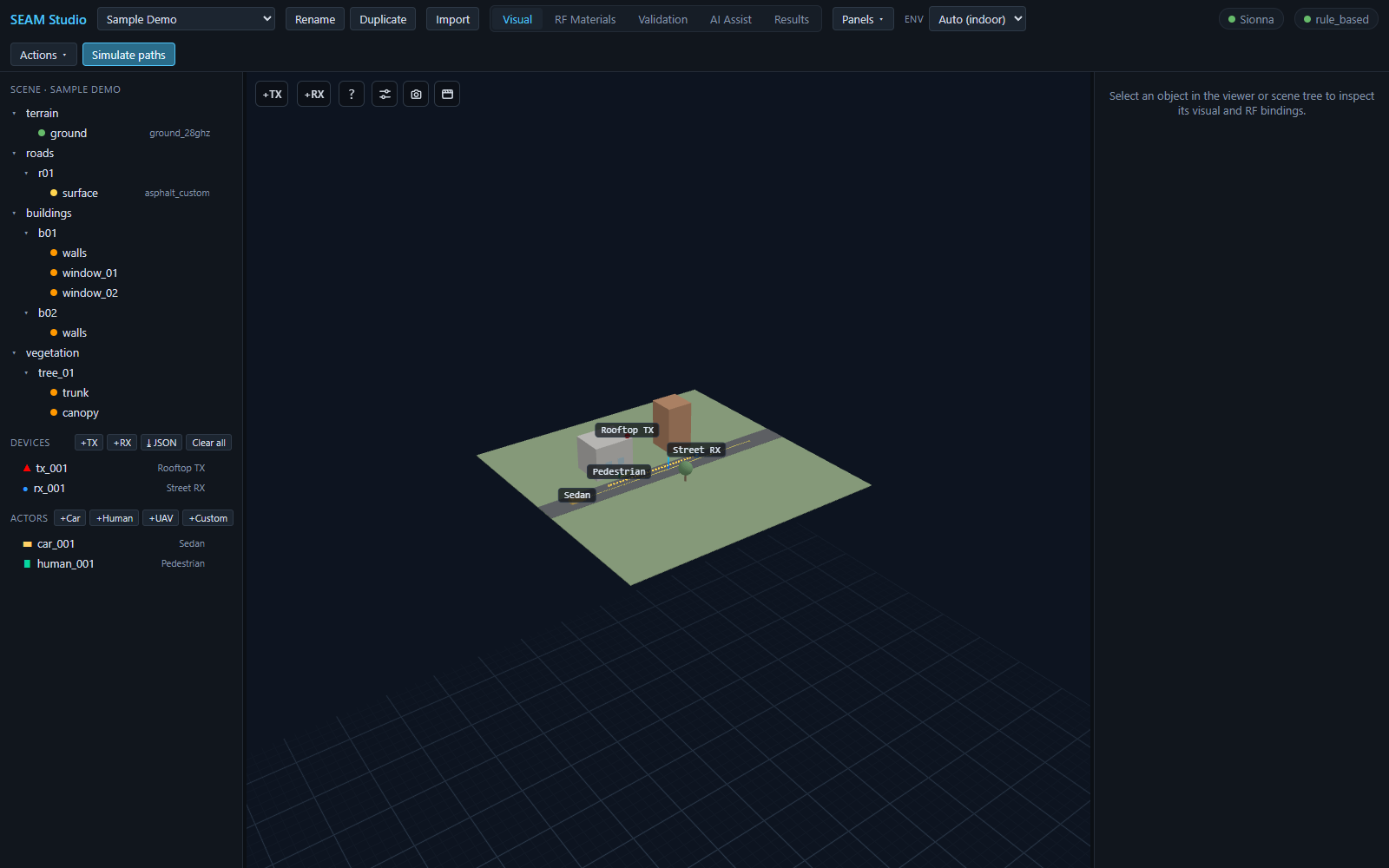 SEAM Studio Visual mode with the scene tree, devices and actors