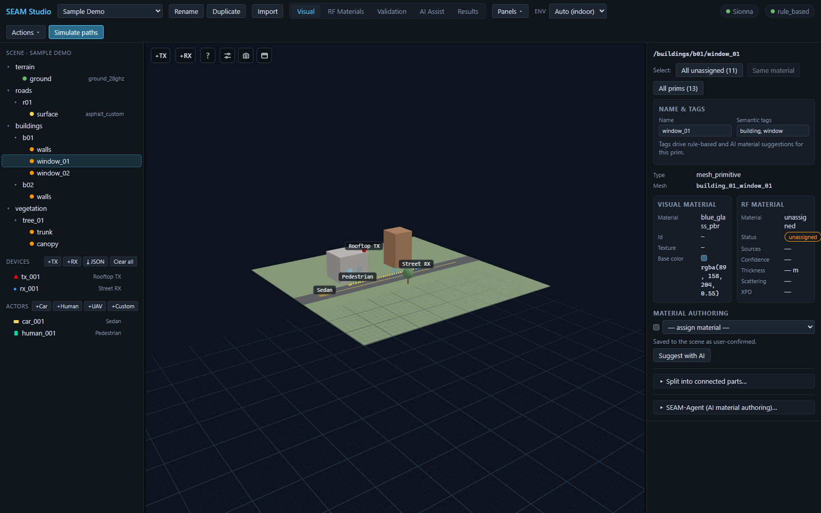 Inspector with the window prim selected: name and semantic tags, visual material and RF material side by side, and the material authoring buttons