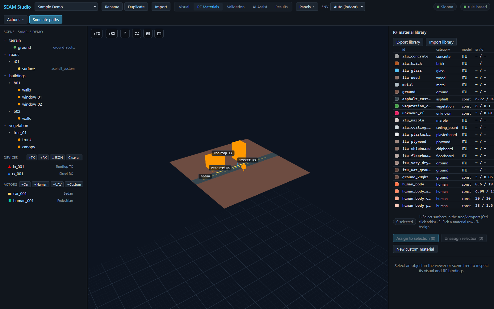 RF Materials mode: library table with ITU and const entries, assign controls, and unassigned prims glowing orange in the viewport