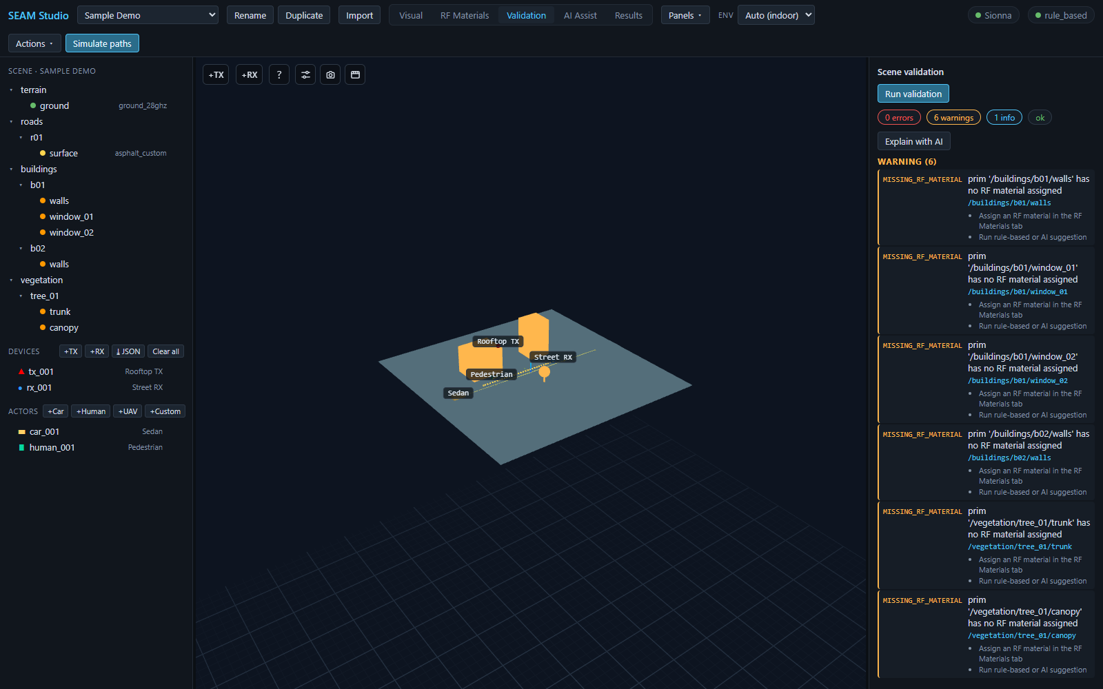 Validation mode: 0 errors / 6 warnings / 1 info chips and MISSING_RF_MATERIAL warning cards with per-prim remediation hints
