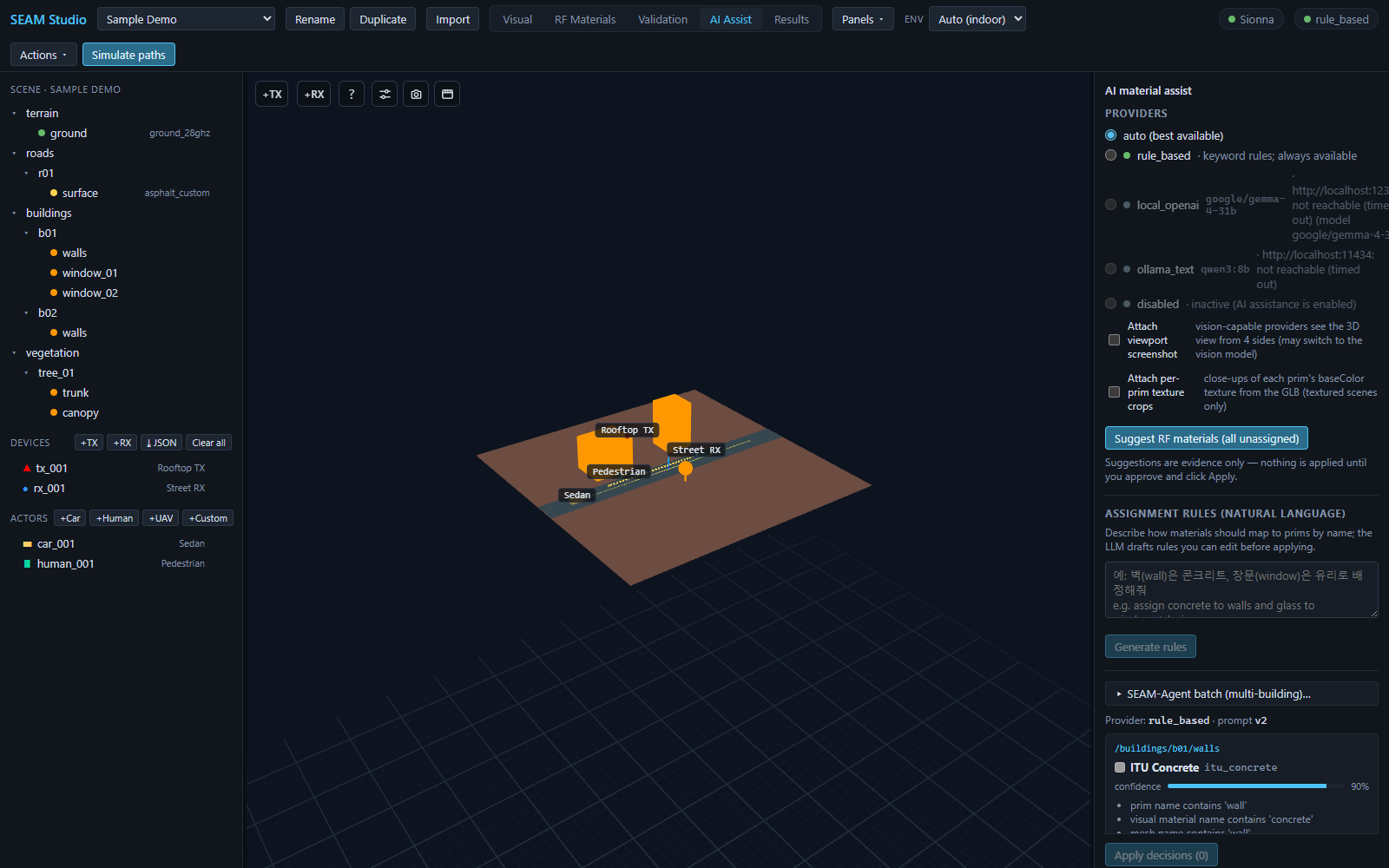 AI Assist mode with providers and a material suggestion card
