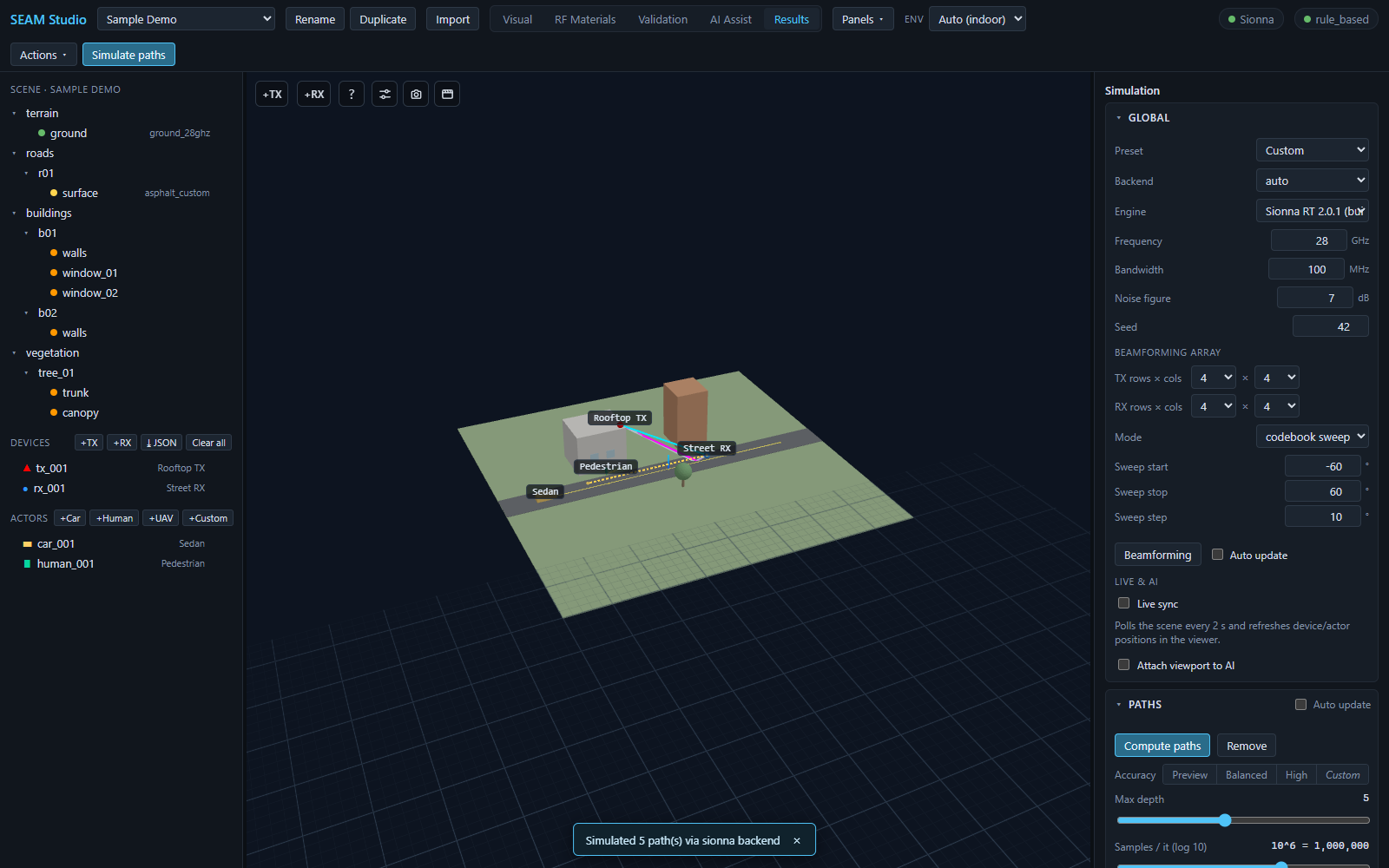 Five ray paths drawn TX to RX over the 3D scene, with the Simulation panel open on the right
