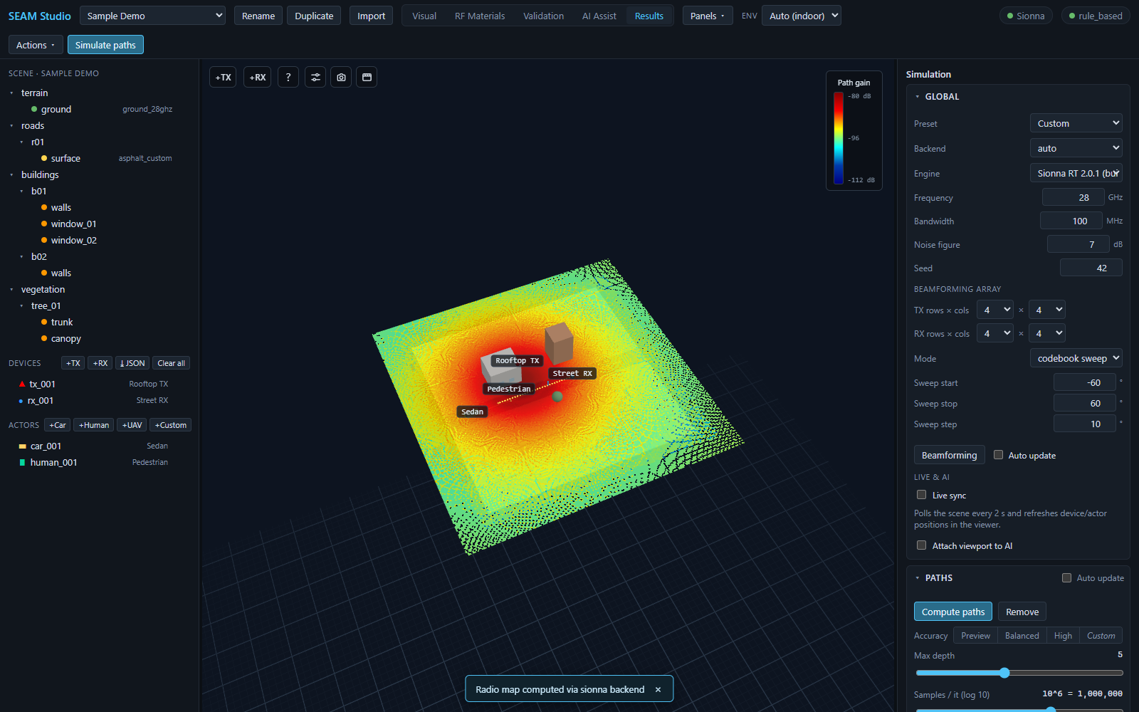 A jet-colormap radio map computed on the demo scene