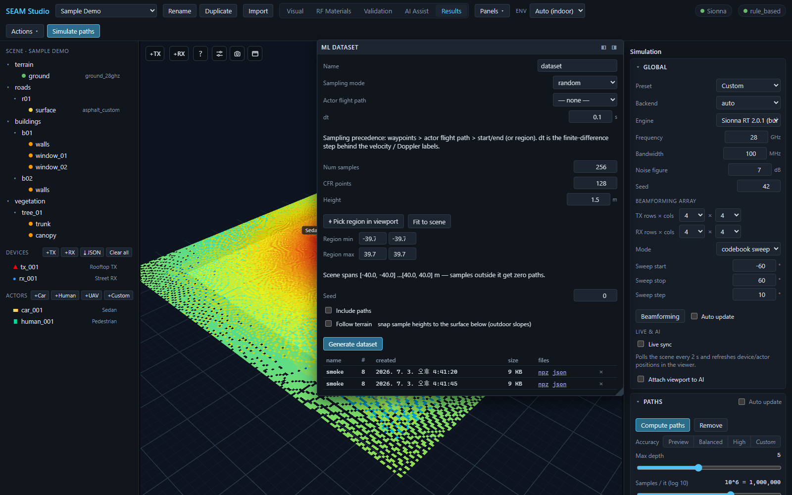 The ML dataset panel floating over a radio-map heatmap
