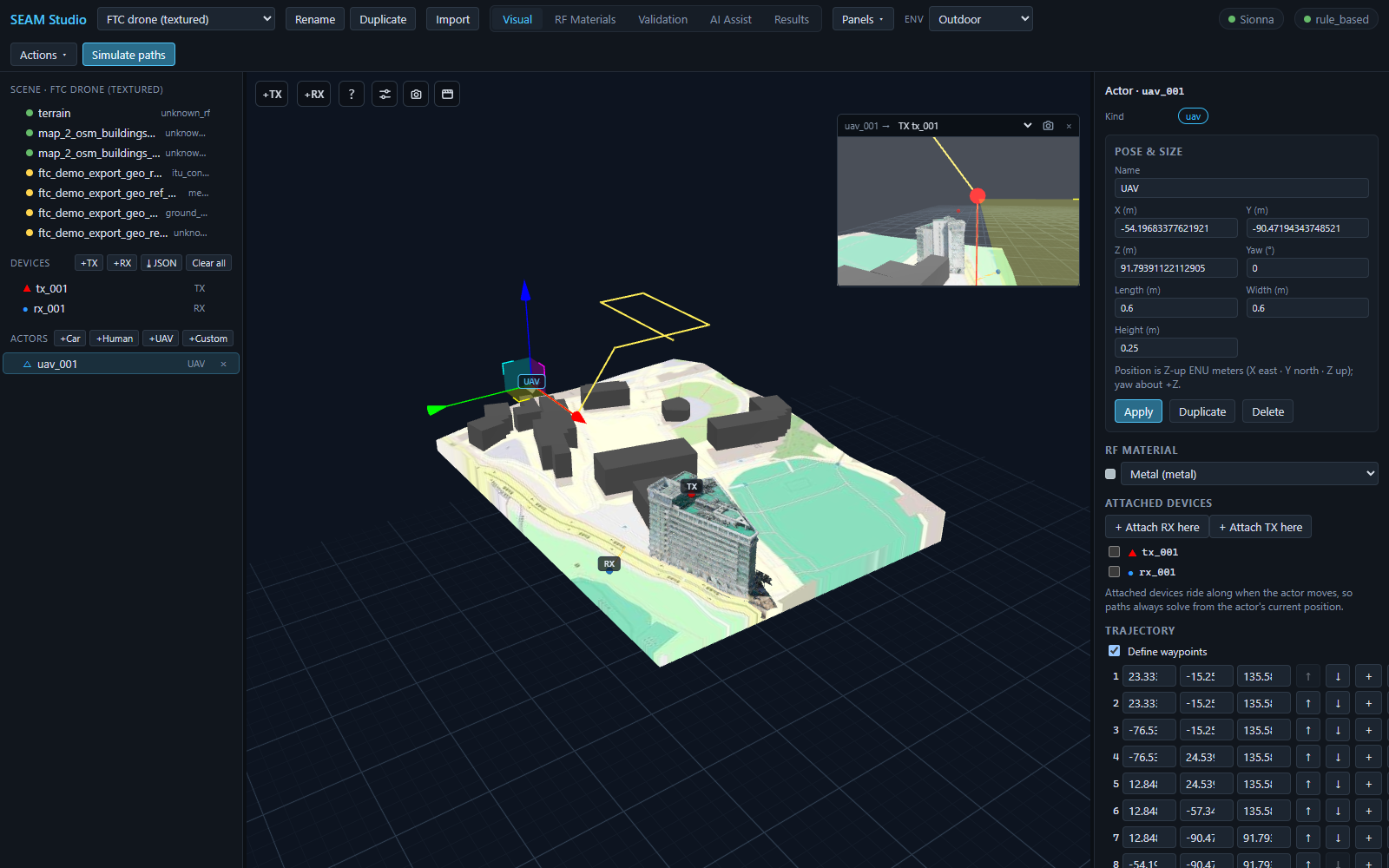 A UAV actor with its flight path and live POV inset