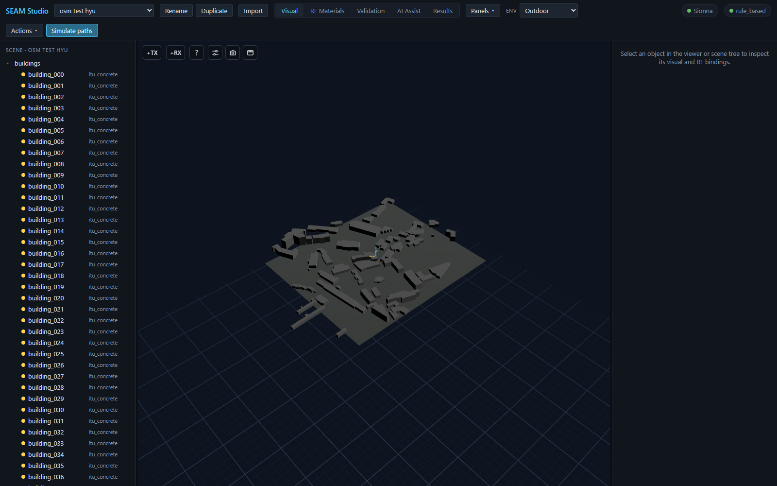 Result of an OSM import: dozens of extruded buildings, all itu_concrete, with the environment resolved to Outdoor