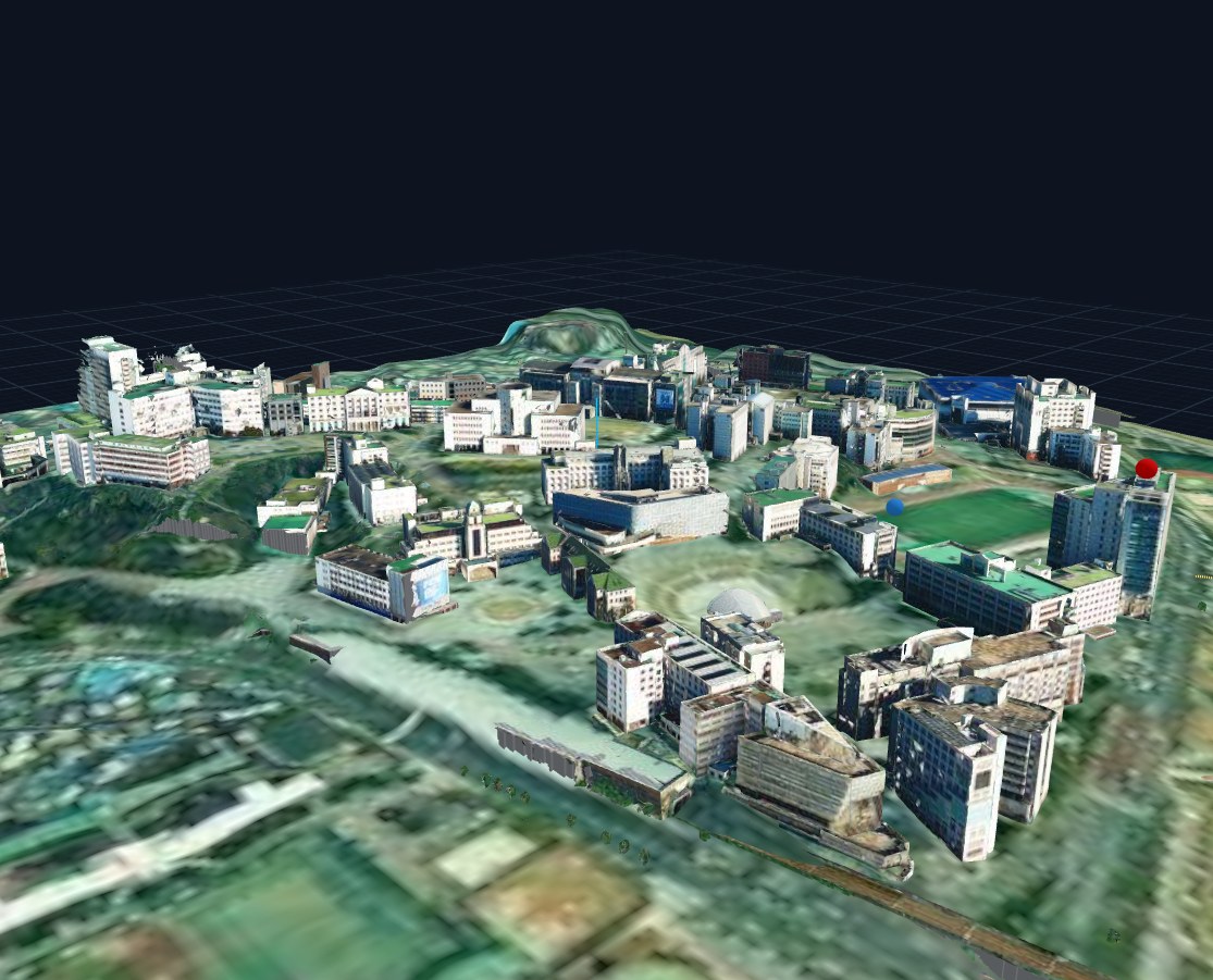 Hanyang University campus digital twin rendered in SEAM Studio with real aerial textures