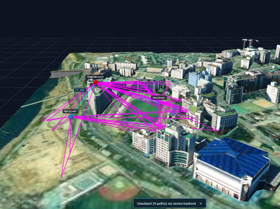 Sionna RT ray tracing on the campus twin — 39 paths between one TX and two RX devices