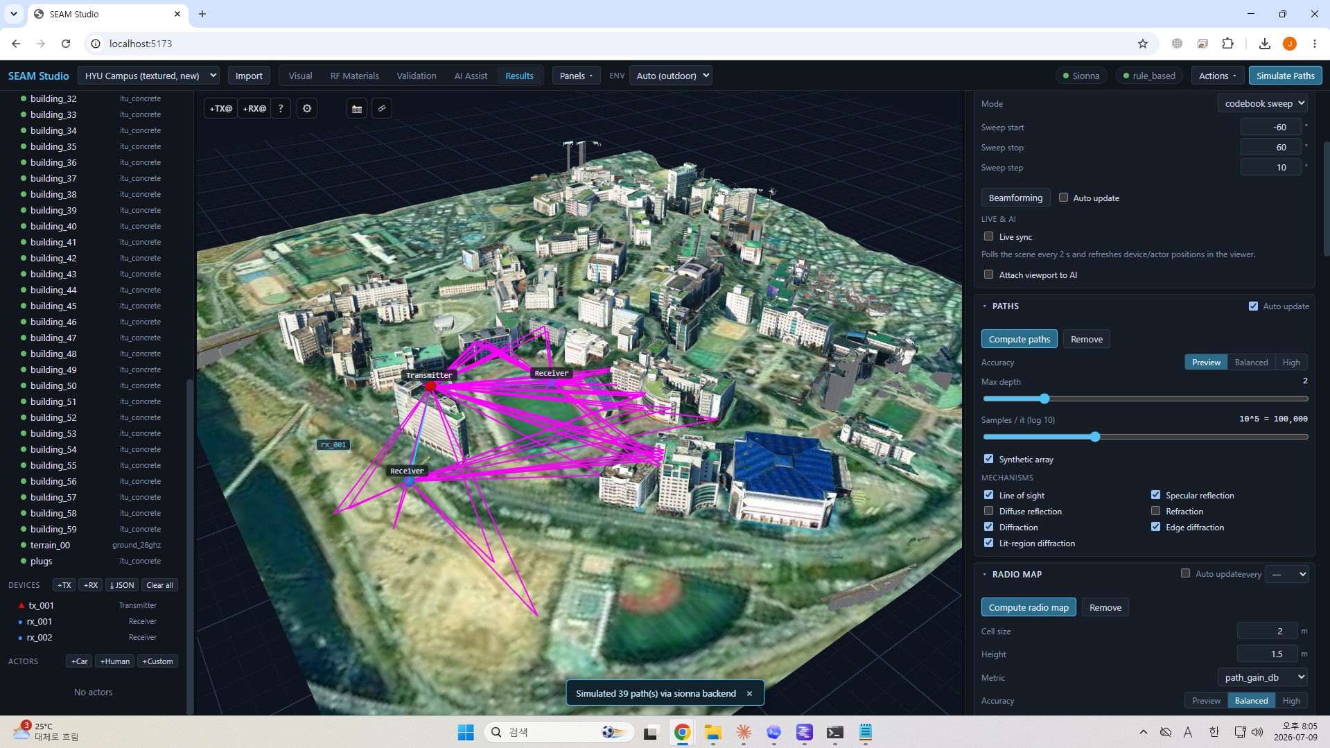 SEAM Studio full app — 3D viewport with the Visual/RF Materials/Validation/AI Assist/Results modes and the communication-metrics dashboard